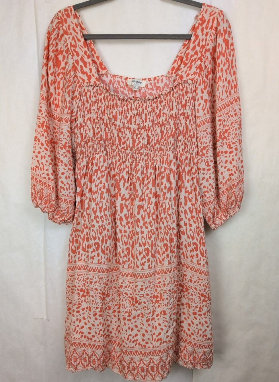 Umgee brown patchwork smocked dress Size Large Milk Maid Boho Retro Cottagecore